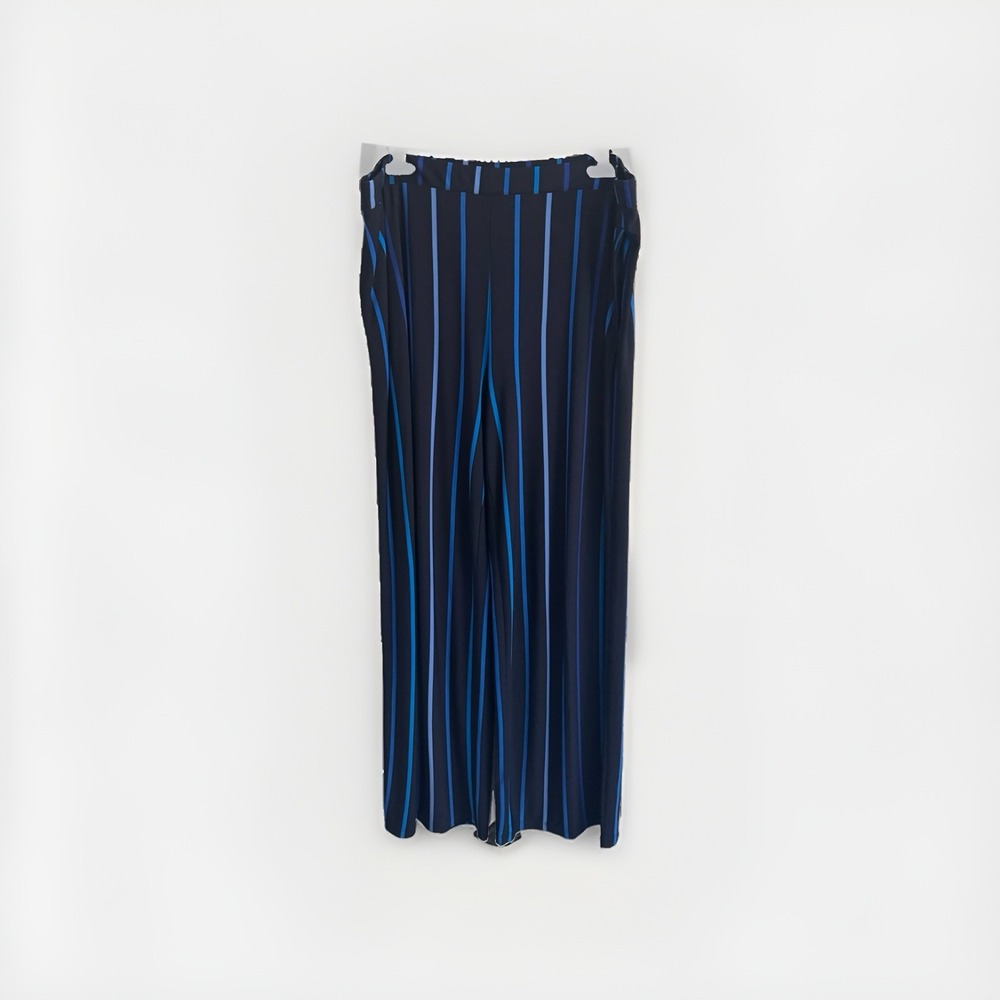 Susan Graver Women's Pants XL Navy Blue Stripes Wide Legs Pull On